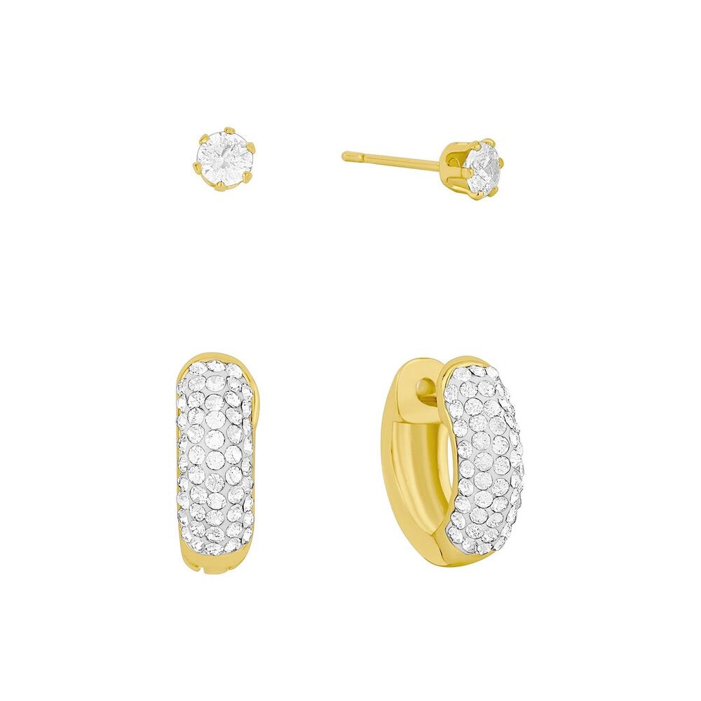And Now This Gold Plated Clear CZ Crystal Hoop & Stud Duo Earrings Set NEW